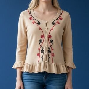 VTG NICK & MO Cream Ruffle Embroidered Peplum Button Down Sweater Medium